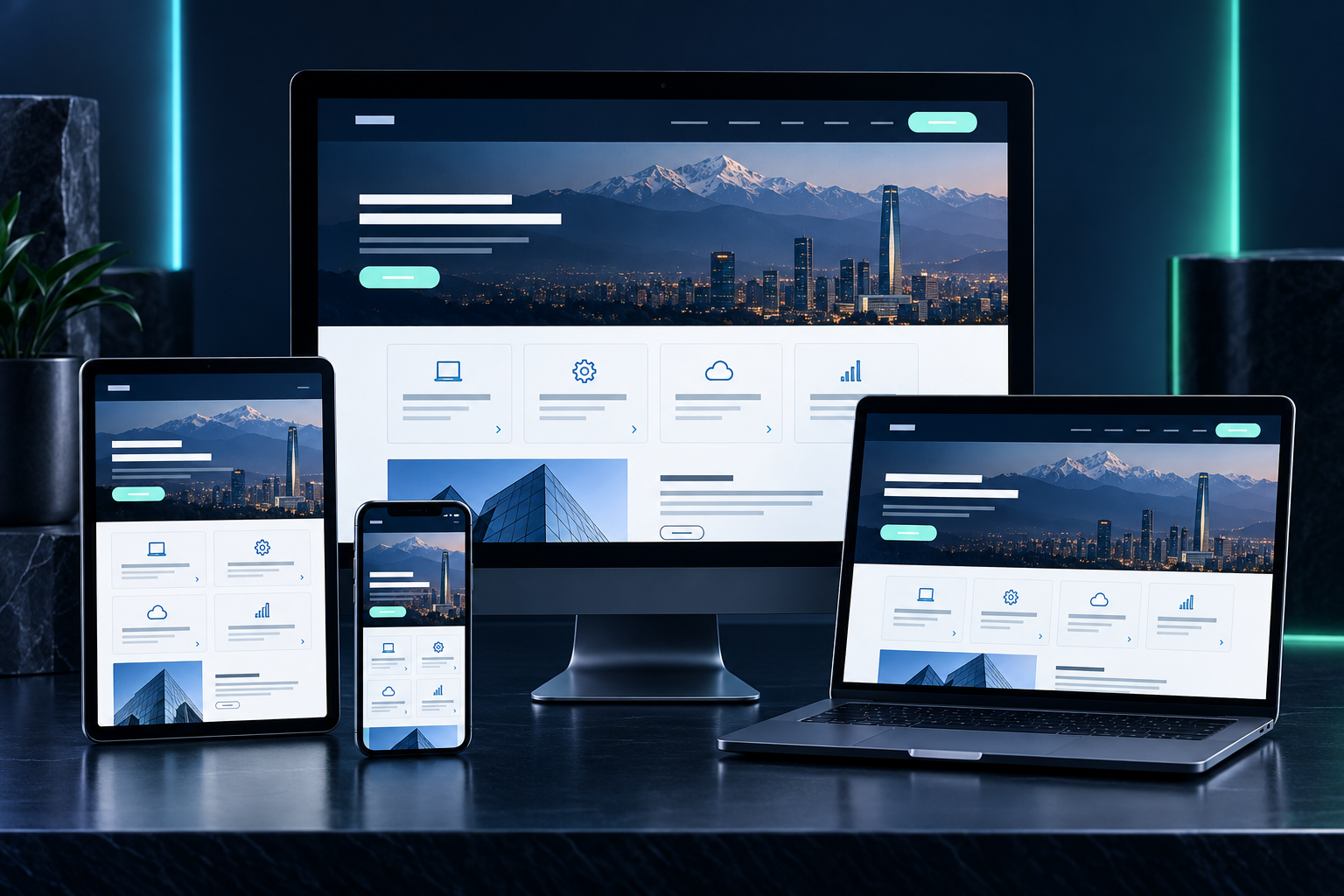 Ejemplo de un sitio web adaptable mostrado en computador, notebook, tableta y teléfono