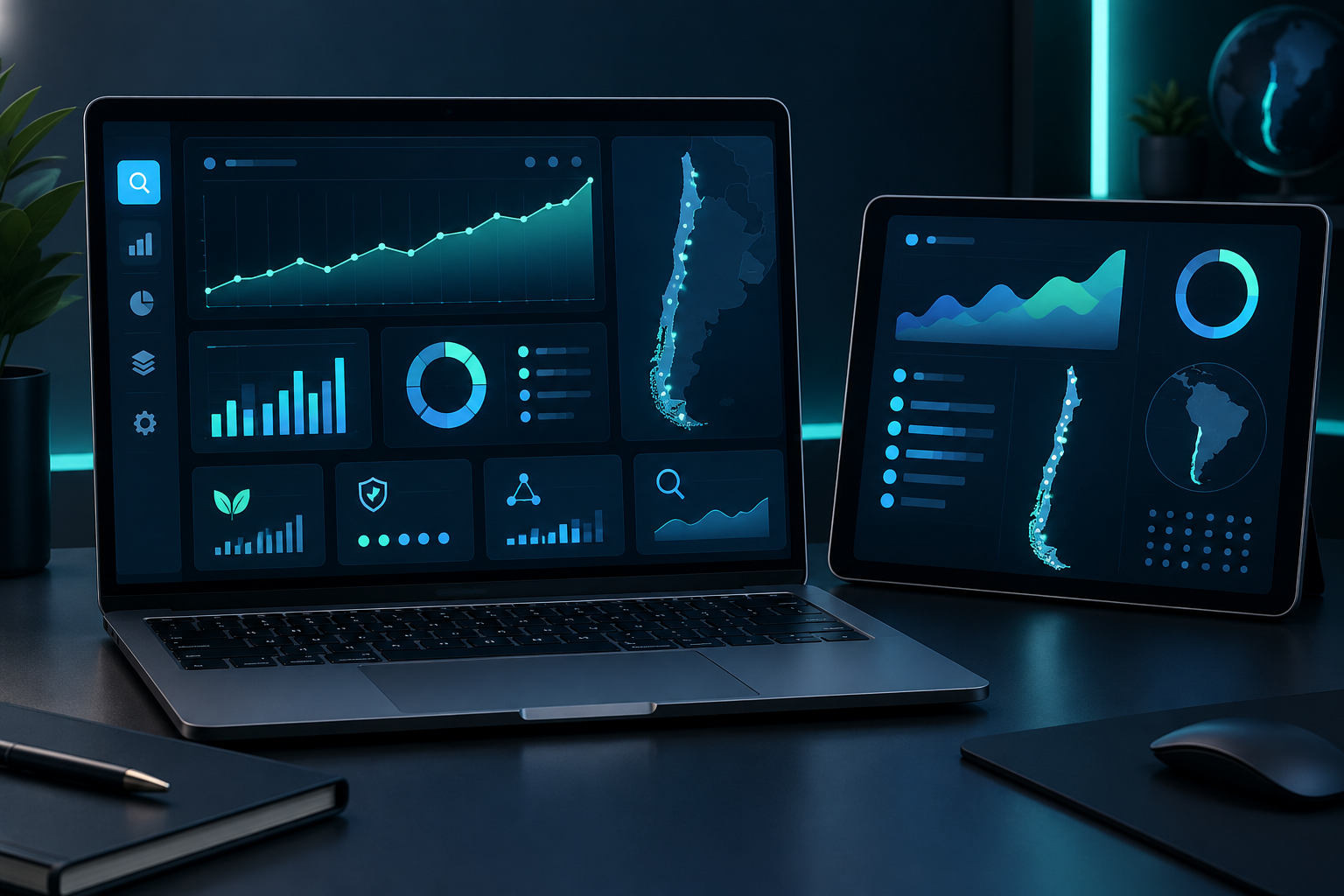 Ejemplo de un panel SEO con crecimiento orgánico, posiciones de palabras clave y alcance en Chile