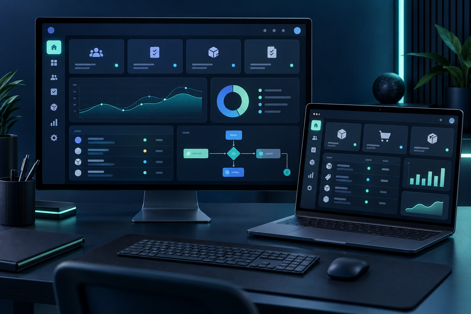 Ejemplo de un software de gestión con clientes, tareas, inventario, reportes y automatizaciones